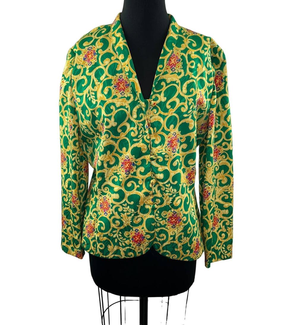 Vintage PAPELL Women Green Gold Long Sleeve Button Down Acetate Blazer Jacket 14